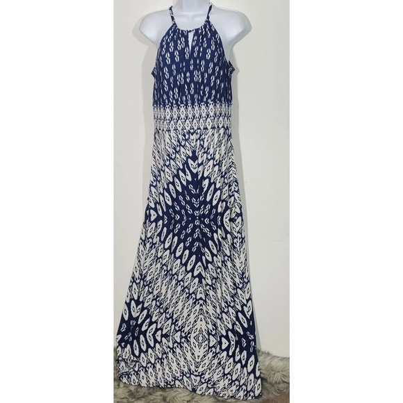 London Style Collection Size 12P Blue White Abstract Print Beachy Maxi Sundress - Picture 2 of 9